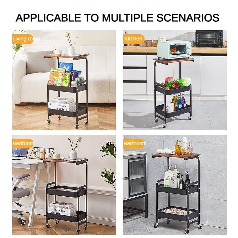 3-Tier Metal Rolling Cart with Wooden Top